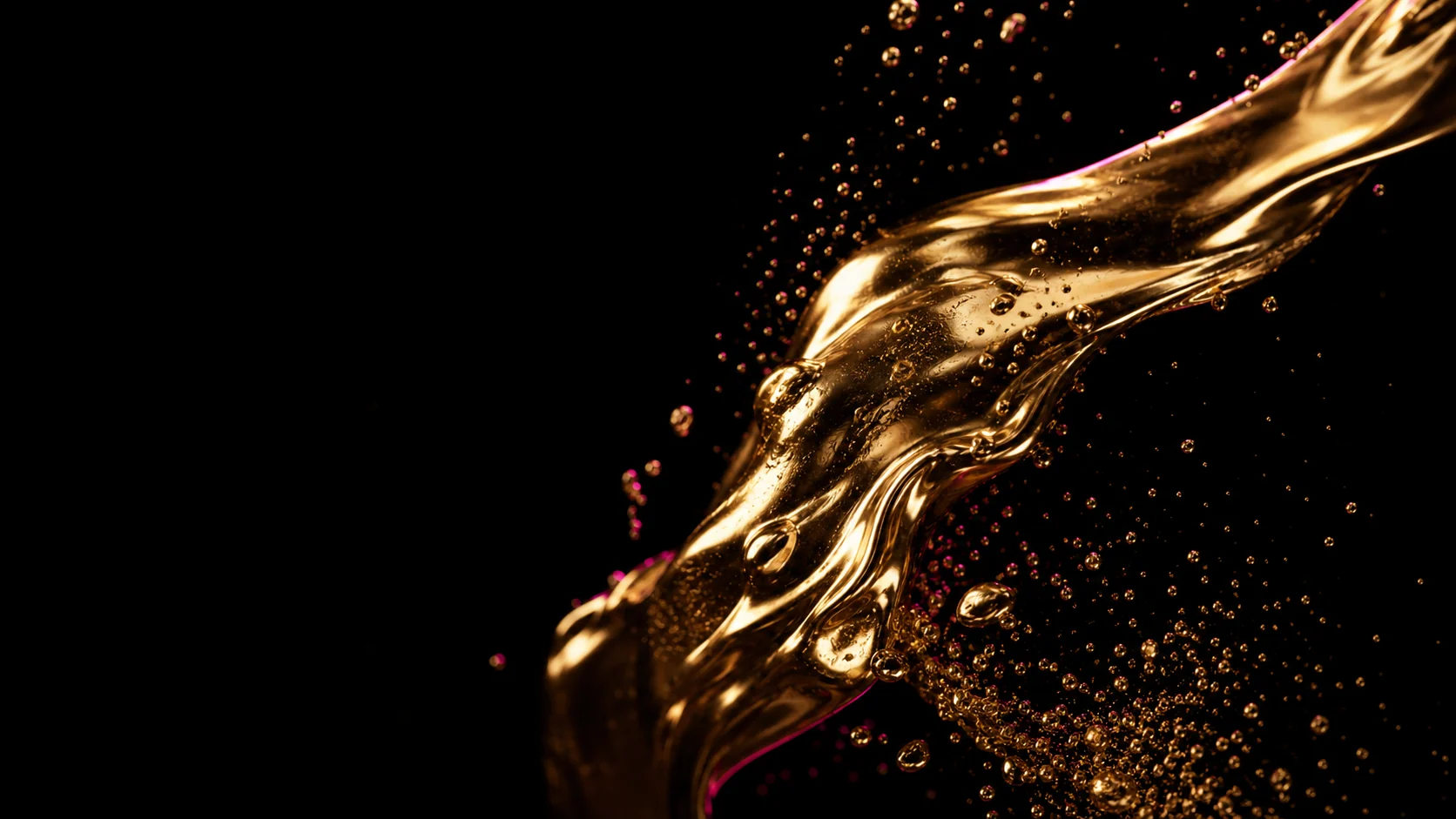Oro fluido in movimento su fondo nero con riflessi fucsia, immagine illustrativa